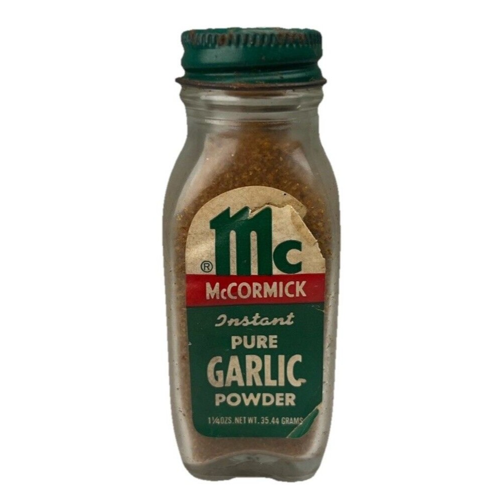 Mid 20th Century McCormick Garlic Powder Full Spice Jar Bottle Vintage New Rusty